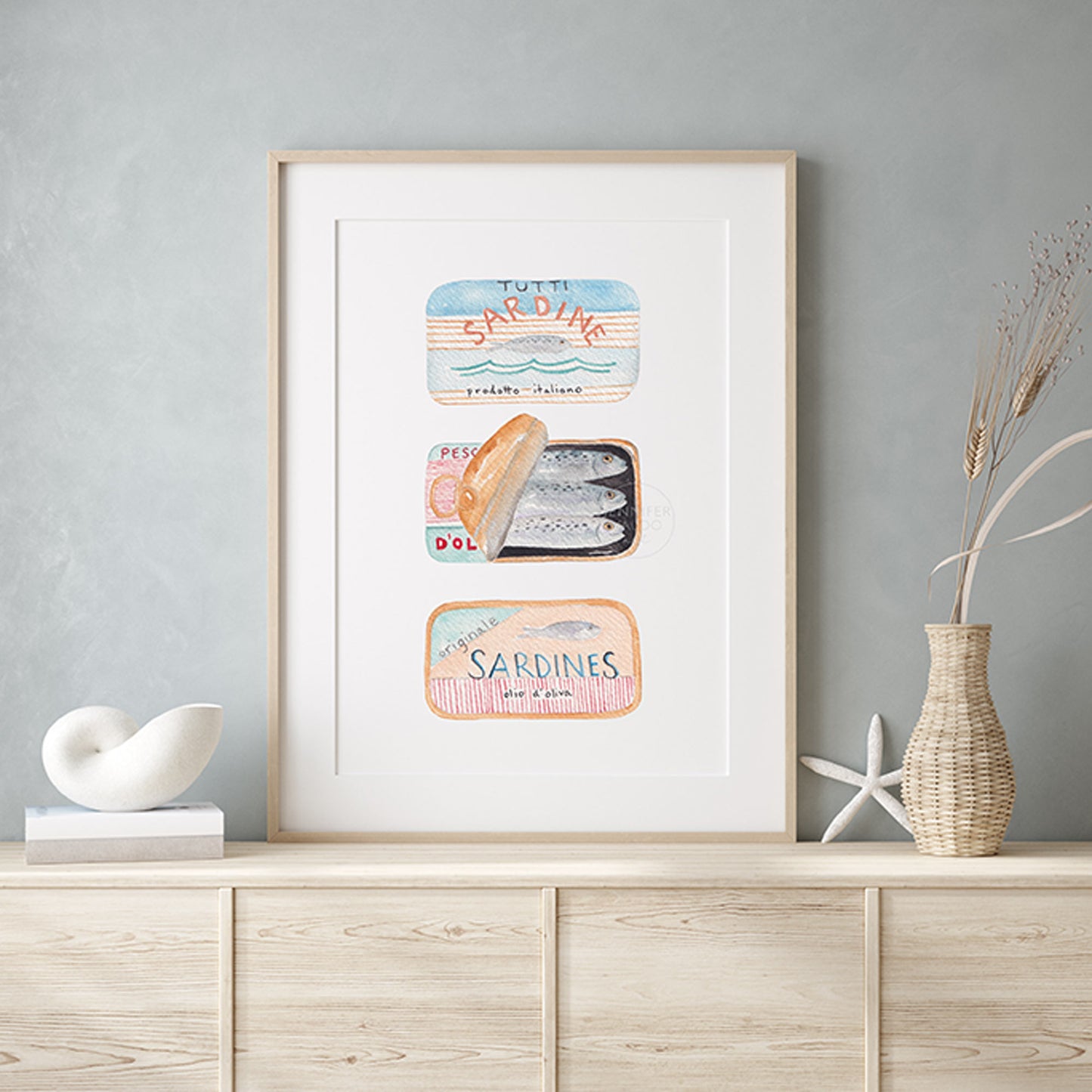 Sardines Maritime Living Seafarer Hand-painted Watercolor Print Fish Wall Art Marine Life Coastal Art Canned Sardines Peach Blue Red Stripes