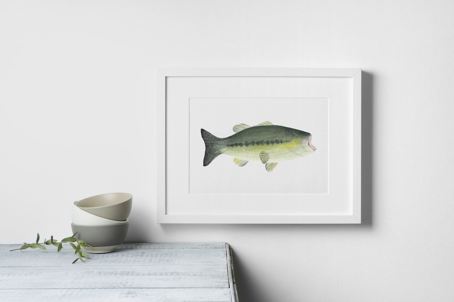 Bass Wall Art, Hand-painted Watercolor Fish Print, Fisherman Gift, Father's Day Present