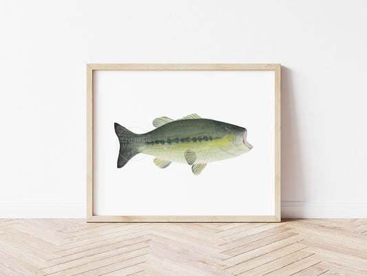 Bass Wall Art, Hand-painted Watercolor Fish Print, Fisherman Gift, Father's Day Present