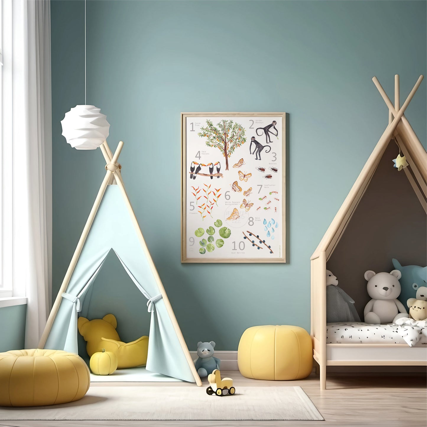 Counting Poster, Rainforest Inspired Animals, Gender Neutral, Jungle Watercolor Print