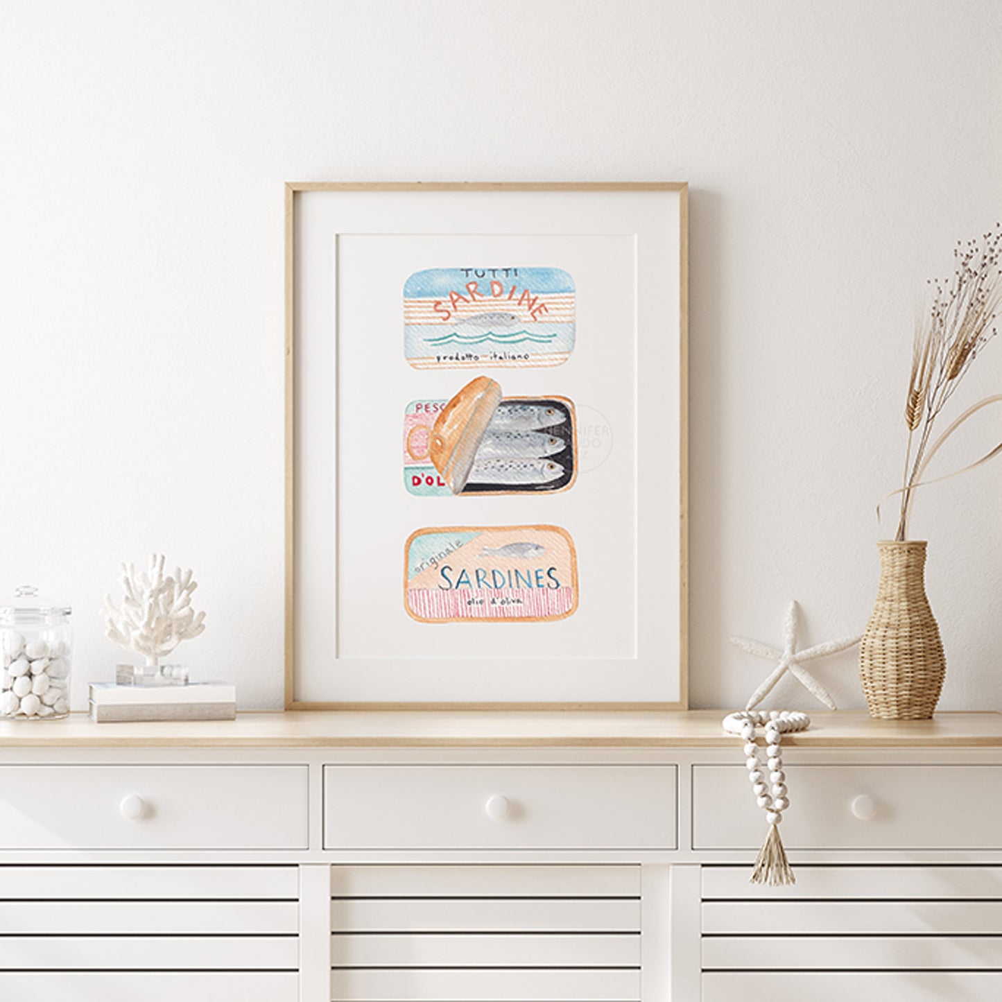 Sardines Maritime Living Seafarer Hand-painted Watercolor Print Fish Wall Art Marine Life Coastal Art Canned Sardines Peach Blue Red Stripes