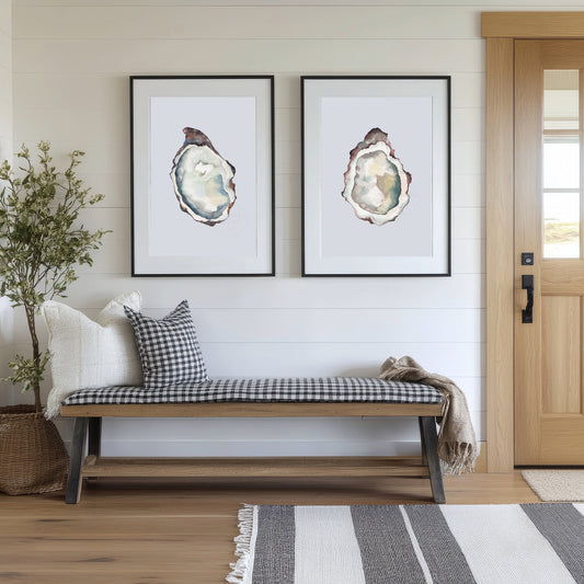 Set of Two Oyster Prints, Coastal Wall Art, Oyster Watercolor Print, Beach House Decor, Nautical Artwork, Maritime Aesthetic, Sea Life Art