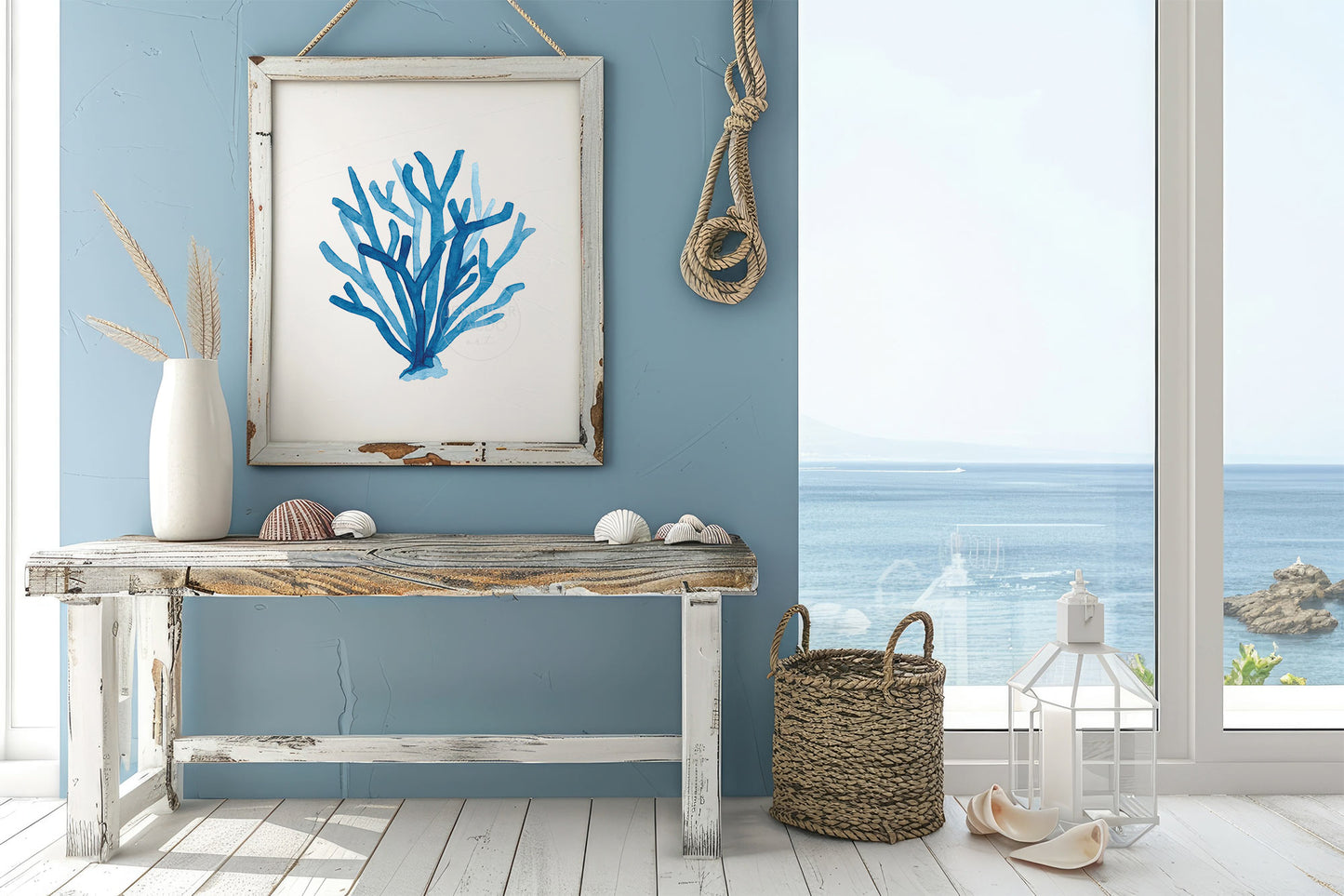 Blue Pillar Coral Wall Art, Coastal Home Decor, Watercolor Print