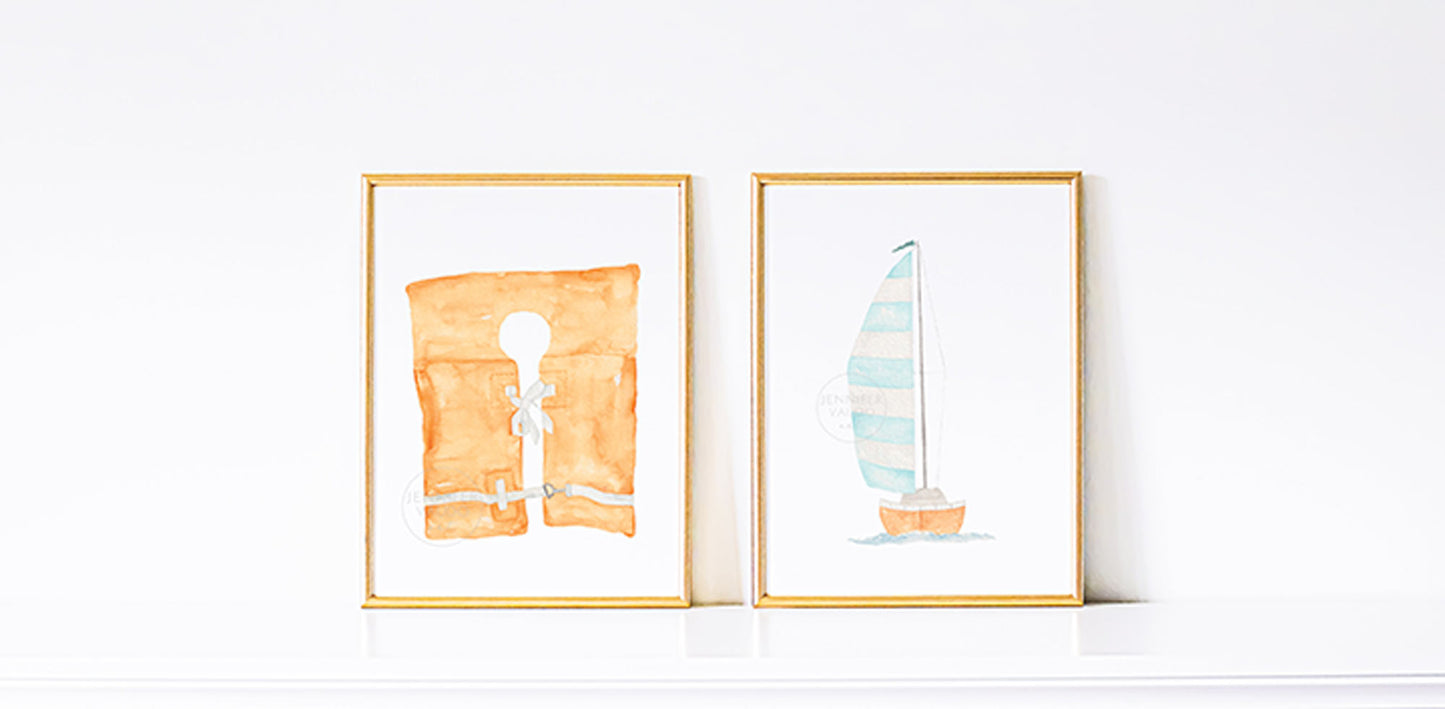 Life Vest Art Print, Coastal Wall Art, Boating Gift, Nautical Nursery, Beach House Wall Decor, Maritime Aesthetic, Orange Hand-painted Print