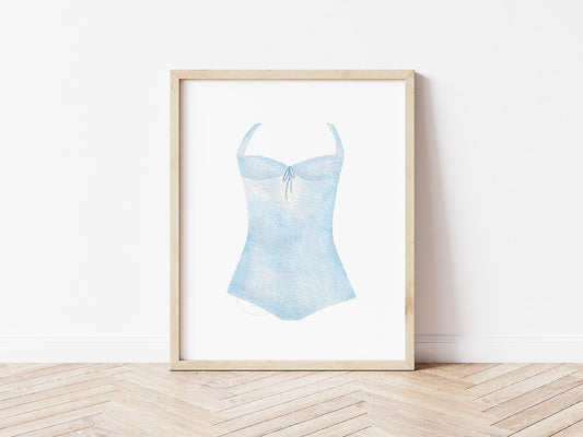 Blue Swimsuit Art Print, Girl Room Wall Art, Hand-painted watercolor print