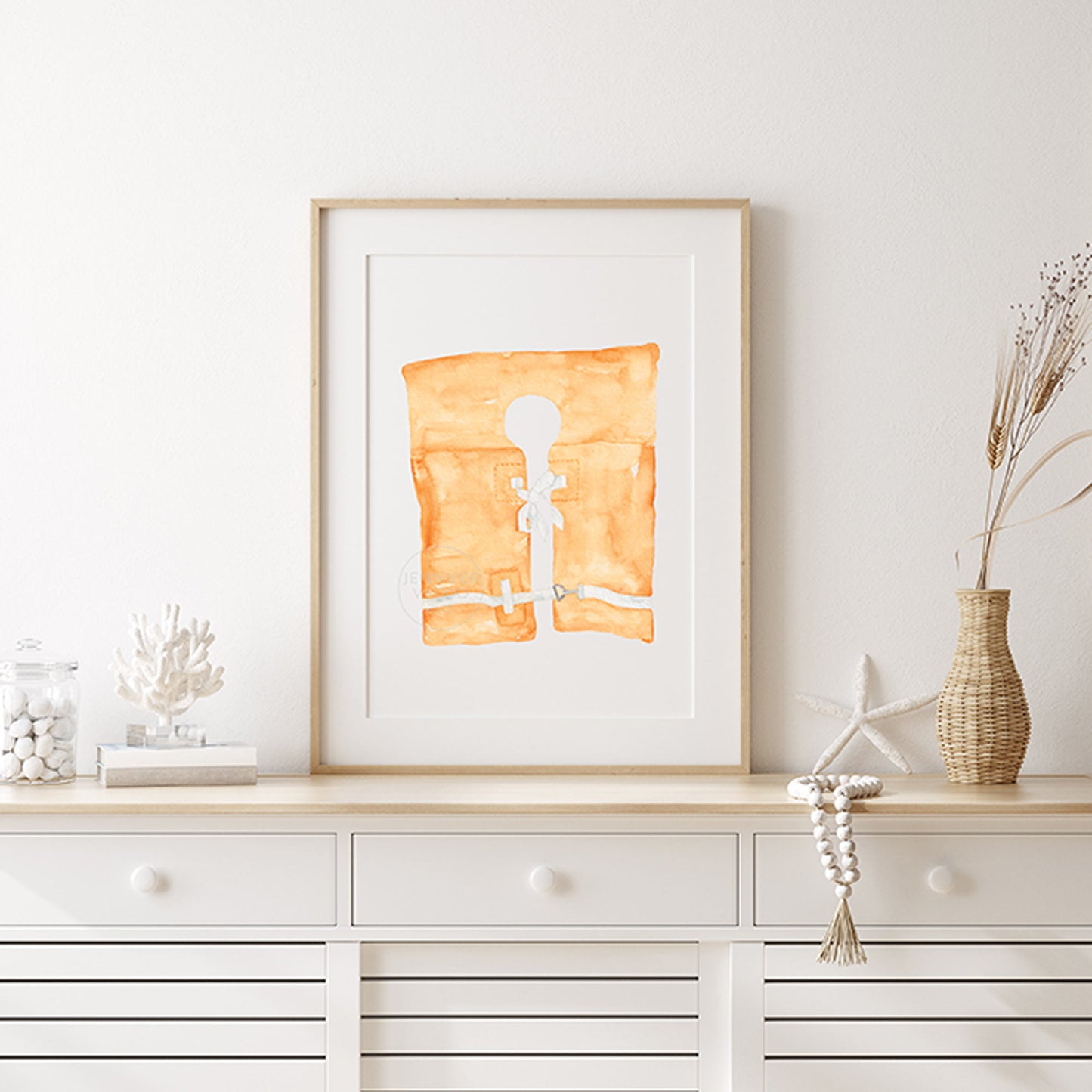 Life Vest Art Print, Coastal Wall Art, Boating Gift, Nautical Nursery, Beach House Wall Decor, Maritime Aesthetic, Orange Hand-painted Print