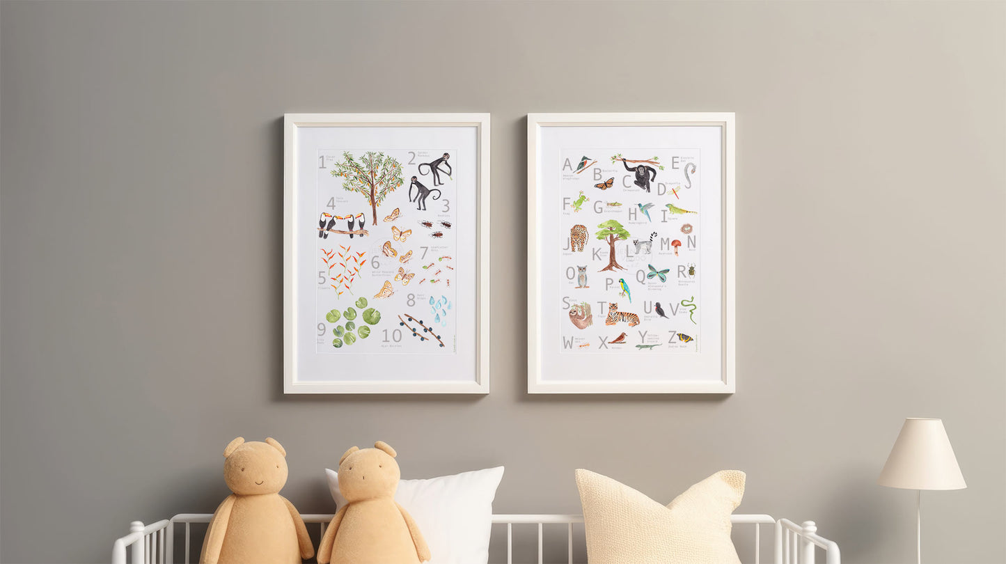 Set of Two, Rainforest Nursery Wall Decor, ABC & 123 Poster, Jungle Themed Wall Art