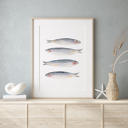 Sardines, Maritime Living, Fish Wall Art, Hand-painted Print, Seafarer, Fisherman Aesthetic, Watercolor print