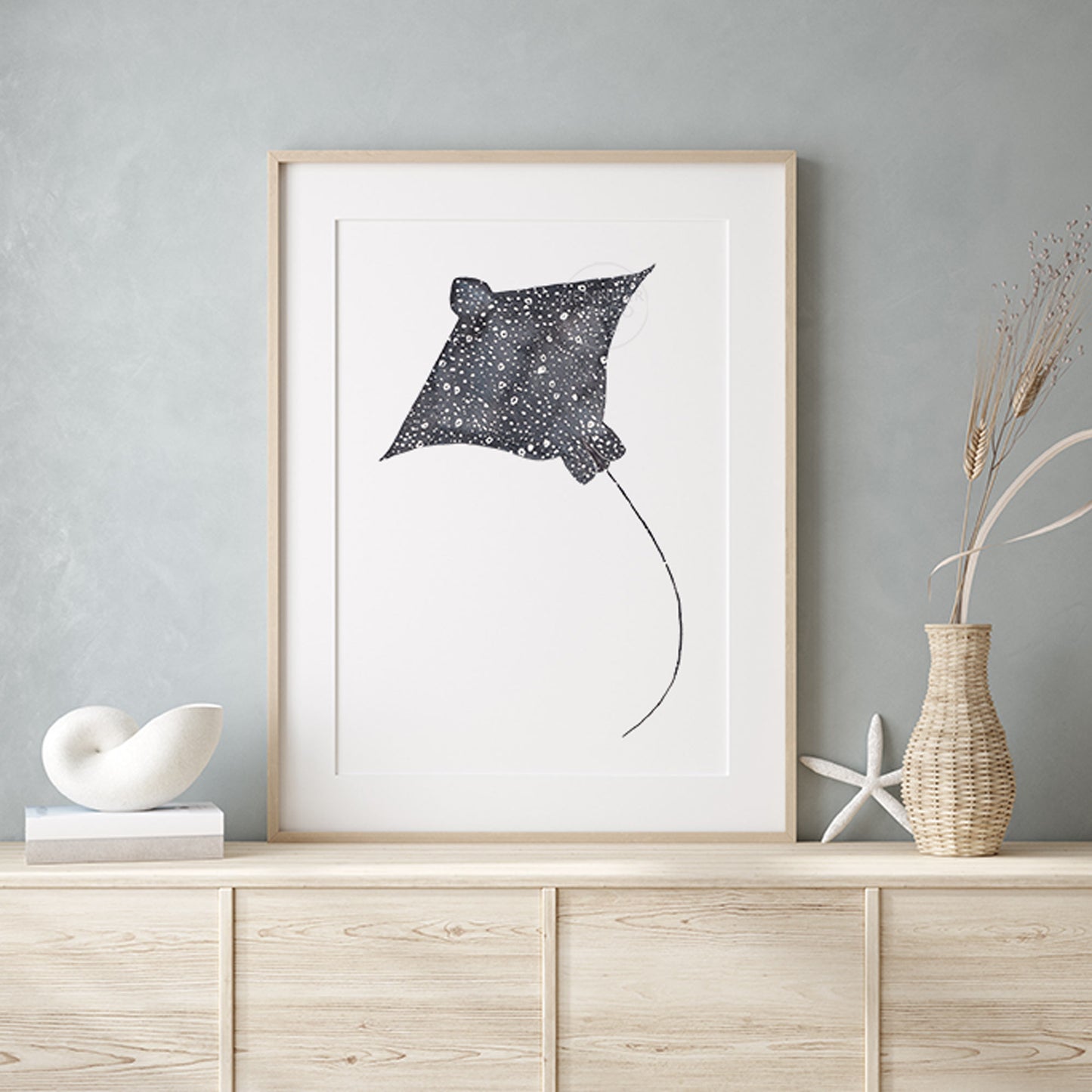 Spotted Eagle Ray Watercolor Print: Marine Life Wall Art