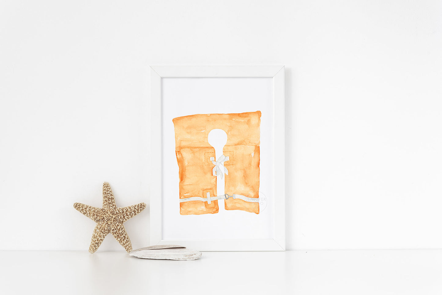 Life Vest Art Print, Coastal Wall Art, Boating Gift, Nautical Nursery, Beach House Wall Decor, Maritime Aesthetic, Orange Hand-painted Print