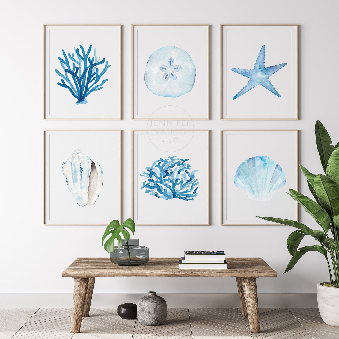 Blue Nautical Wall Art, Coral Watercolor, Coastal Home Decor, Beach House Art