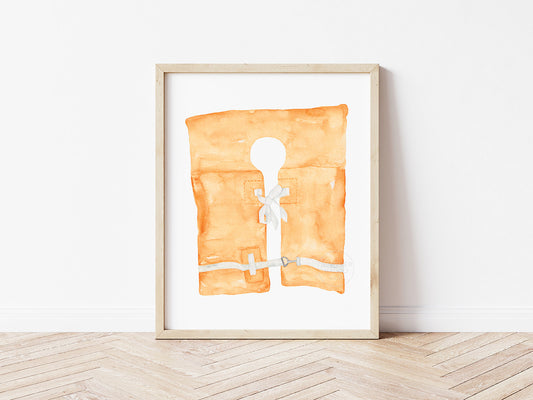 Life Vest Art Print, Coastal Wall Art, Boating Gift, Nautical Nursery, Beach House Wall Decor, Maritime Aesthetic, Orange Hand-painted Print