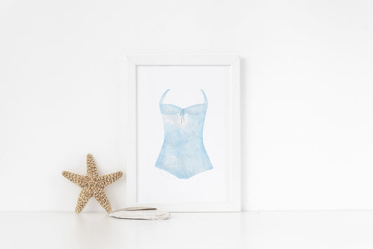 Blue Swimsuit Art Print, Girl Room Wall Art, Hand-painted watercolor print
