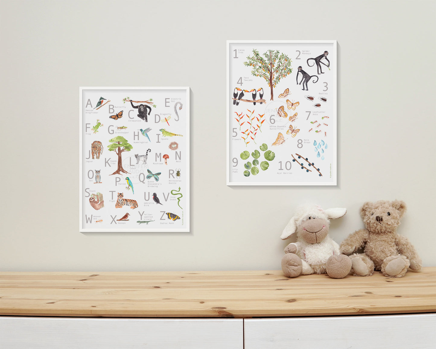 Set of Two, Rainforest Nursery Wall Decor, ABC & 123 Poster, Jungle Themed Wall Art