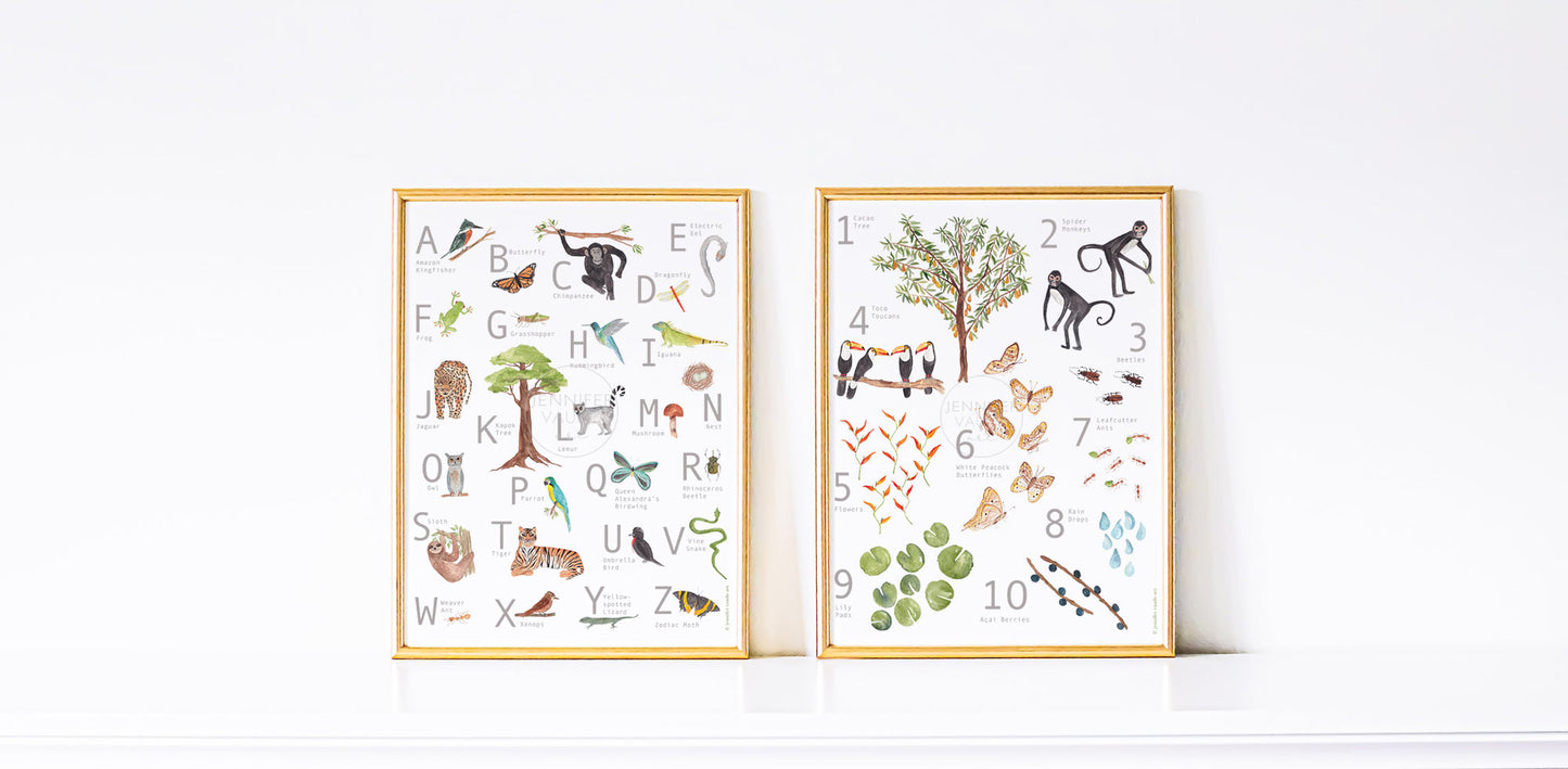 Set of Two, Rainforest Nursery Wall Decor, ABC & 123 Poster, Jungle Themed Wall Art