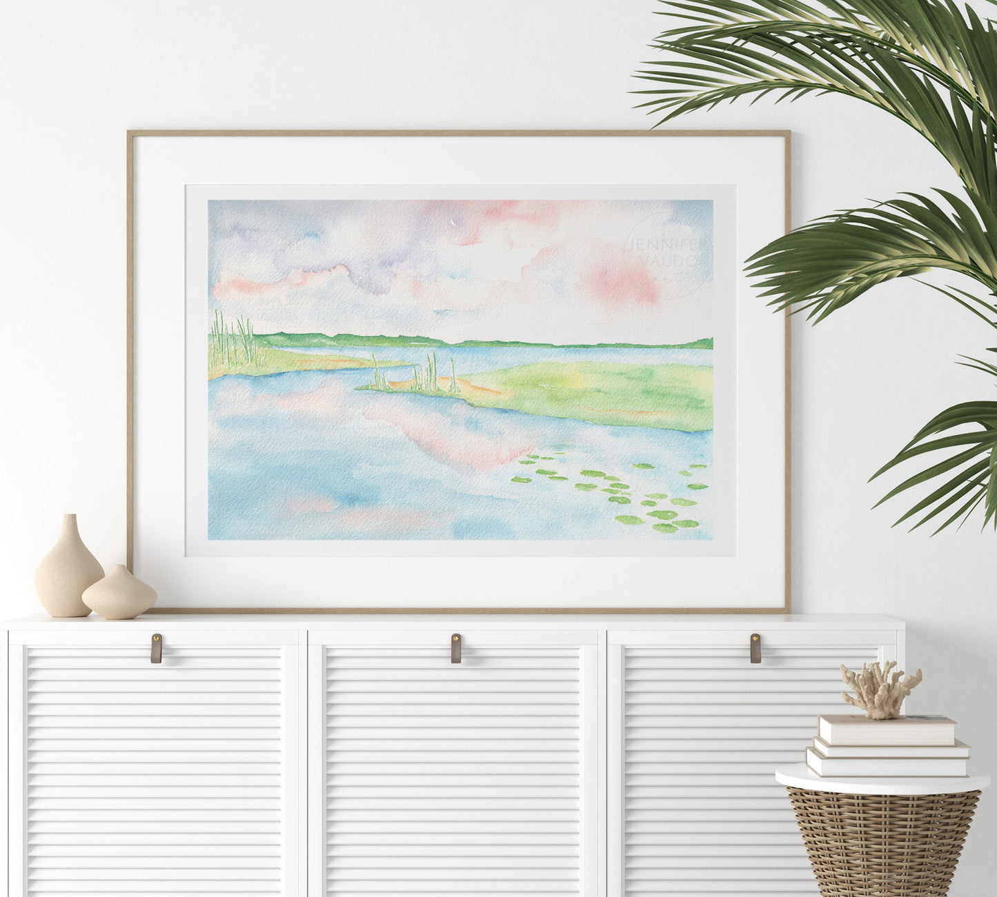 Pastel Tropical Wall Decor, Watercolor Lake Wall Art, Pink Blue Green Wall Hanging, Tropical Water lily print Watercolor Lake Landscape Art