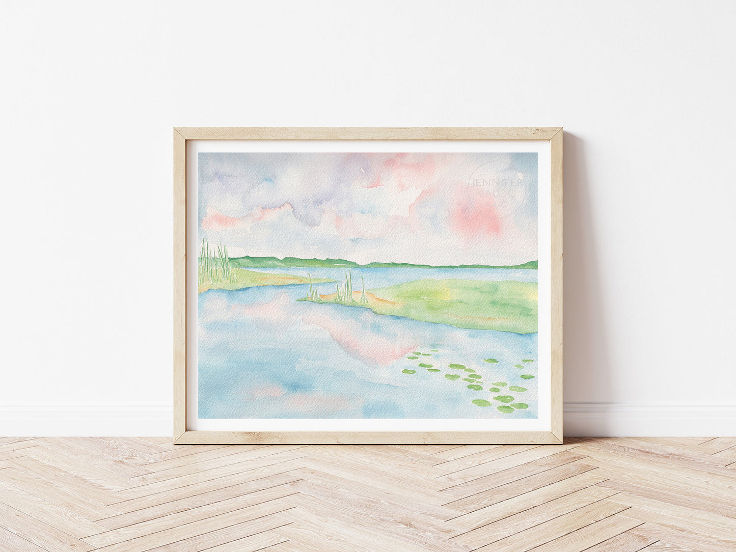 Pastel Tropical Wall Decor, Watercolor Lake Wall Art, Pink Blue Green Wall Hanging, Tropical Water lily print Watercolor Lake Landscape Art