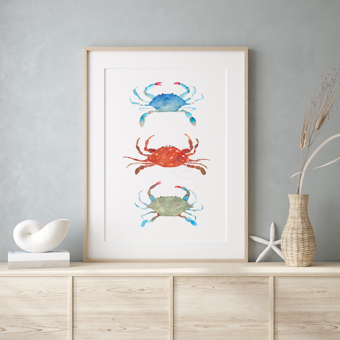 Crab Wall Art, Three Crab Watercolor Art Print, Nautical Wall Decor