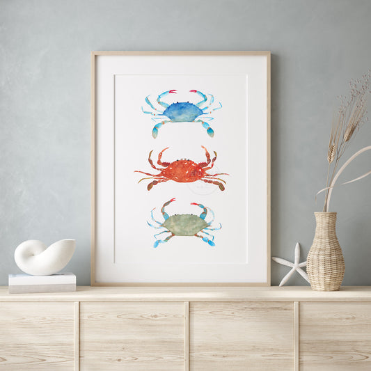 Crab Wall Art, Three Crab Watercolor Art Print, Nautical Wall Decor