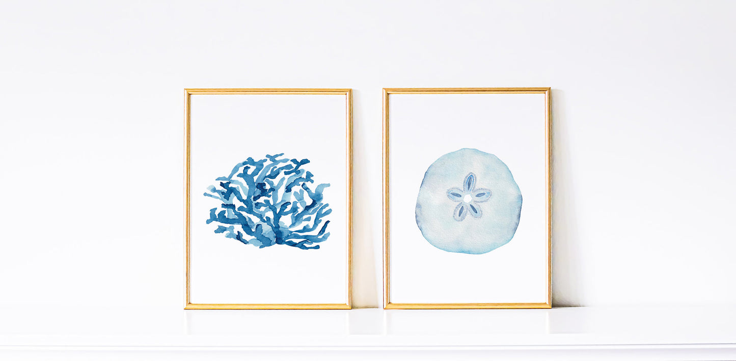 Blue Nautical Wall Art, Coral Watercolor, Coastal Home Decor, Beach House Art
