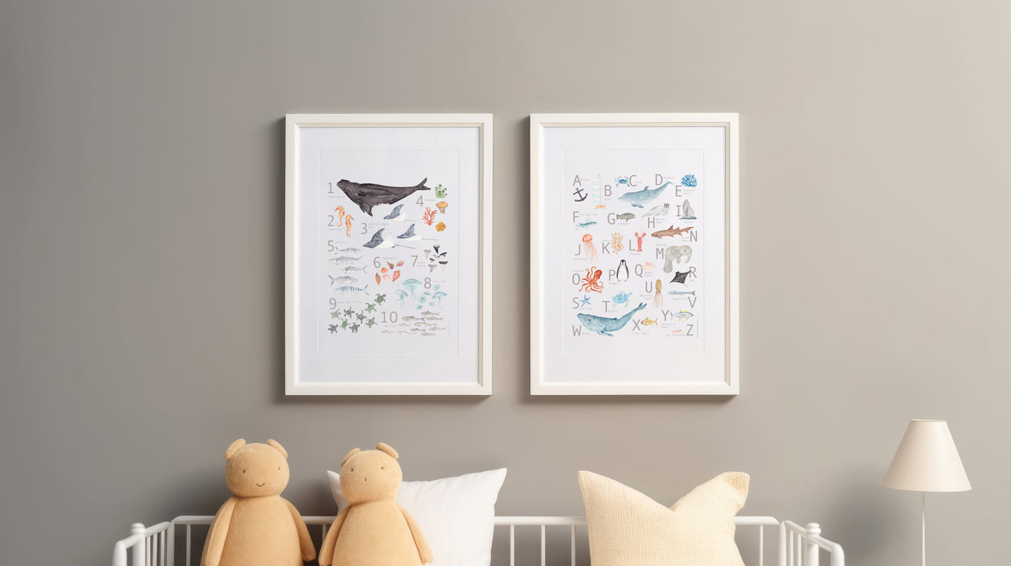 Counting Poster, Ocean Inspired Animals, Gender Neutral, Nautical Watercolor Print