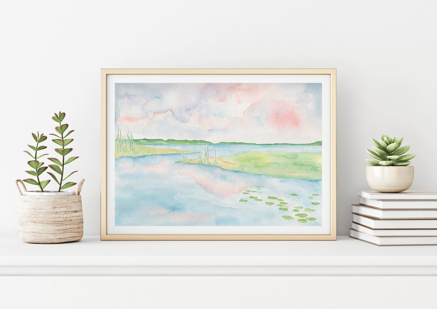 Pastel Tropical Wall Decor, Watercolor Lake Wall Art, Pink Blue Green Wall Hanging, Tropical Water lily print Watercolor Lake Landscape Art