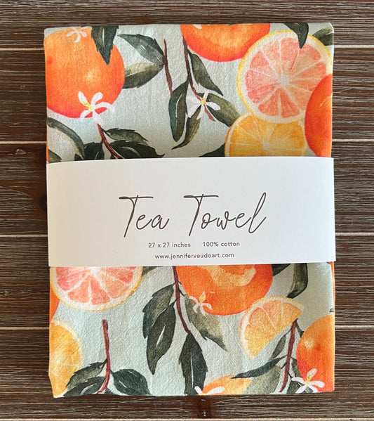 Oranges Tea Towel, Kitchen Decor, Hand Towel, Watercolor, Mint Background