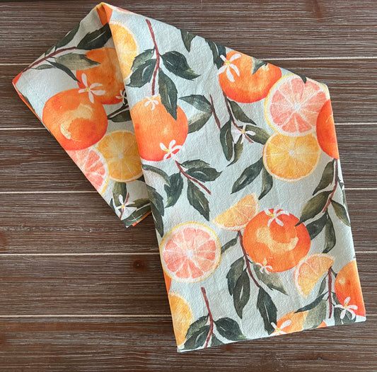 Oranges Tea Towel, Kitchen Decor, Hand Towel, Watercolor, Mint Background