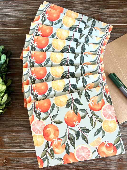 Oranges Stationery Set, Citrus Patterned Cards, Thank You Note Cards
