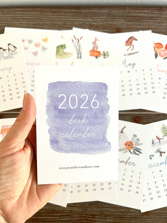 2026 Watercolor Desk Calendar – 12 Monthly Cards with Pine Stand | Charming Art Calendar | Illustrated Desktop Calendar
