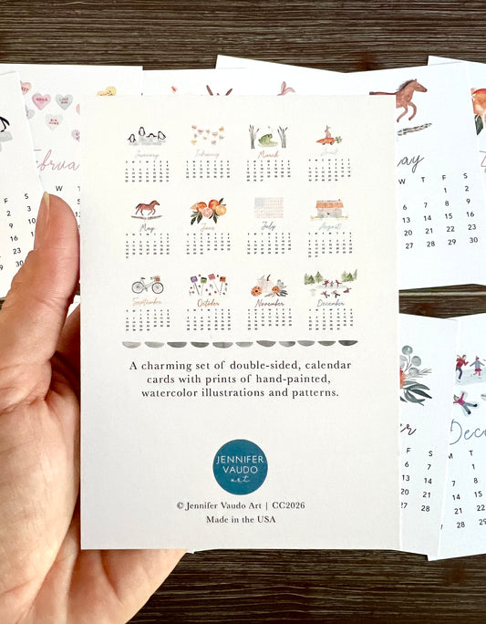 2026 Watercolor Desk Calendar – 12 Monthly Cards with Pine Stand | Charming Art Calendar | Illustrated Desktop Calendar