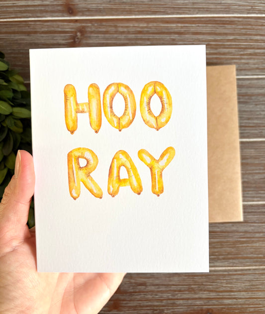Hooray Greeting Card, Celebration, Hand-painted Watercolor print, Blank Inside
