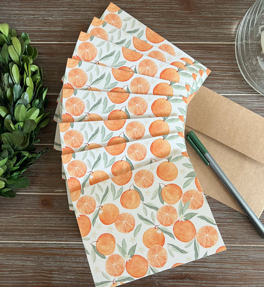 Oranges Stationery Set, Citrus Patterned Cards, Thank You Note Cards
