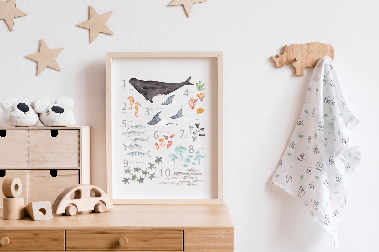 Counting Poster, Ocean Inspired Animals, Gender Neutral, Nautical Watercolor Print