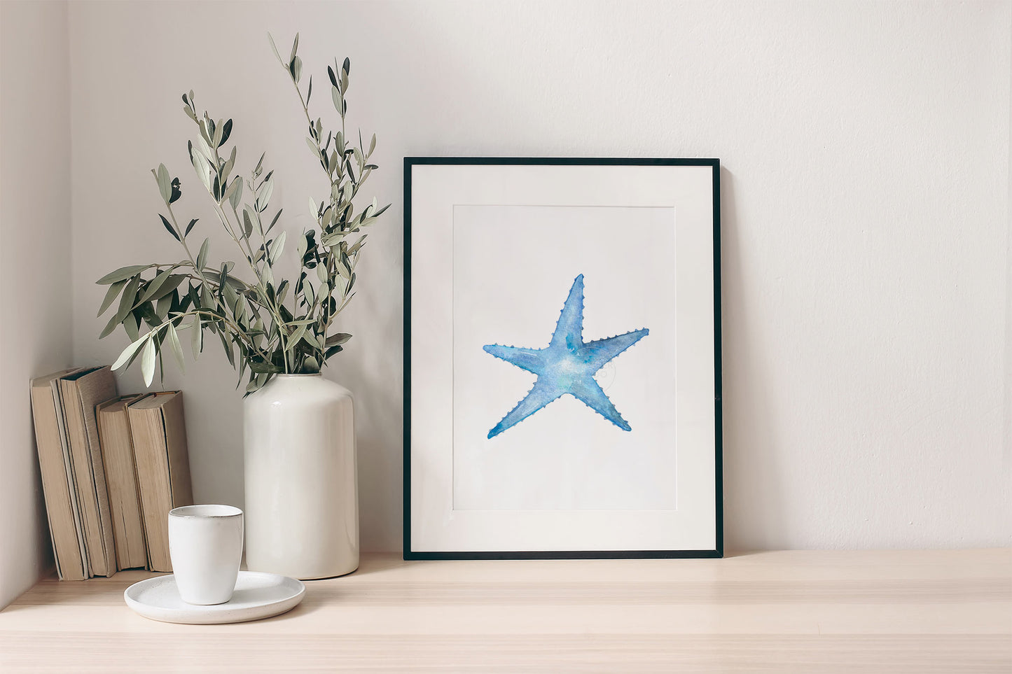 Starfish Wall Art, Blue Watercolor Print, Home Decor