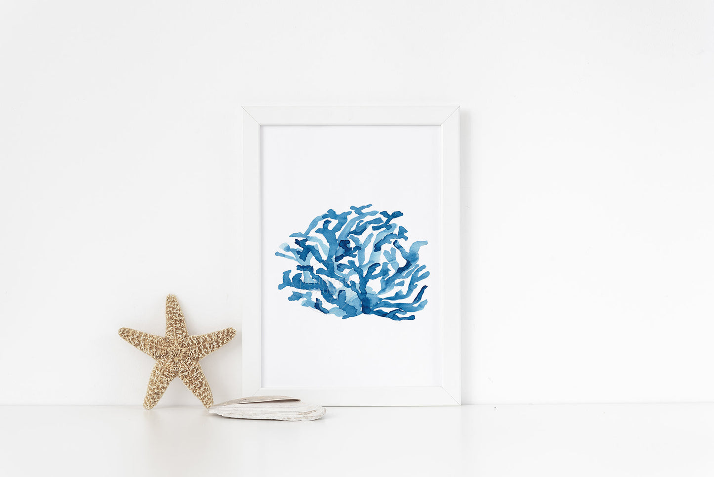 Blue Nautical Wall Art, Coral Watercolor, Coastal Home Decor, Beach House Art