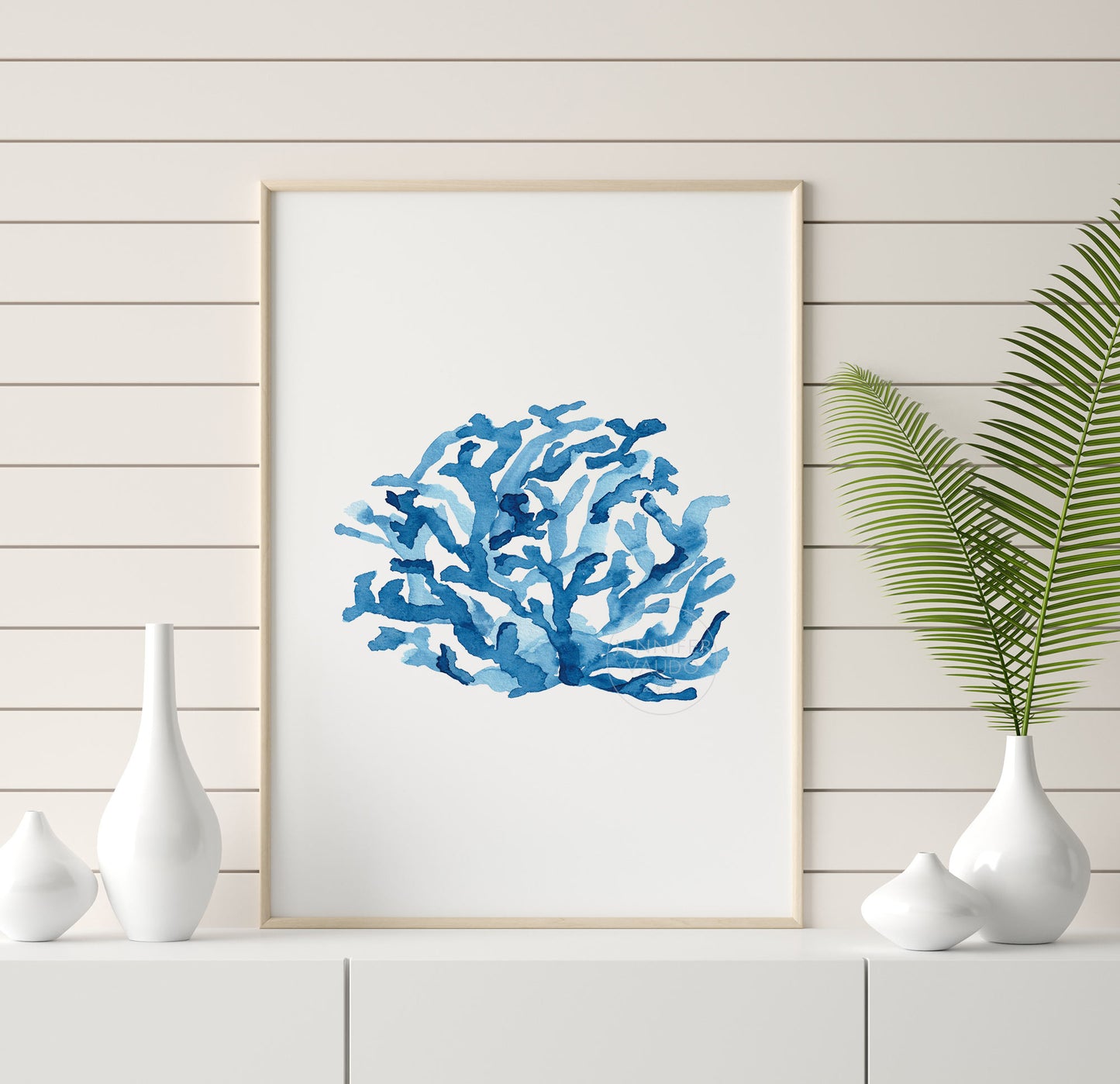 Blue Nautical Wall Art, Coral Watercolor, Coastal Home Decor, Beach House Art
