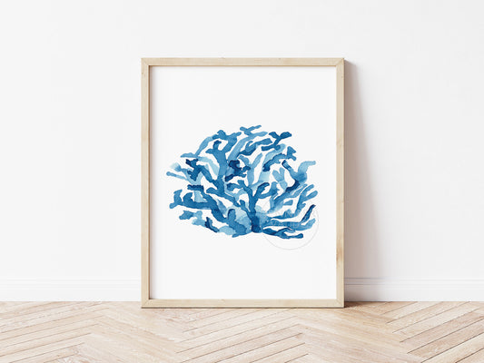 Blue Nautical Wall Art, Coral Watercolor, Coastal Home Decor, Beach House Art