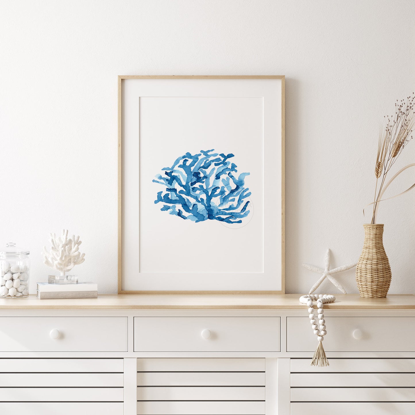 Blue Nautical Wall Art, Coral Watercolor, Coastal Home Decor, Beach House Art