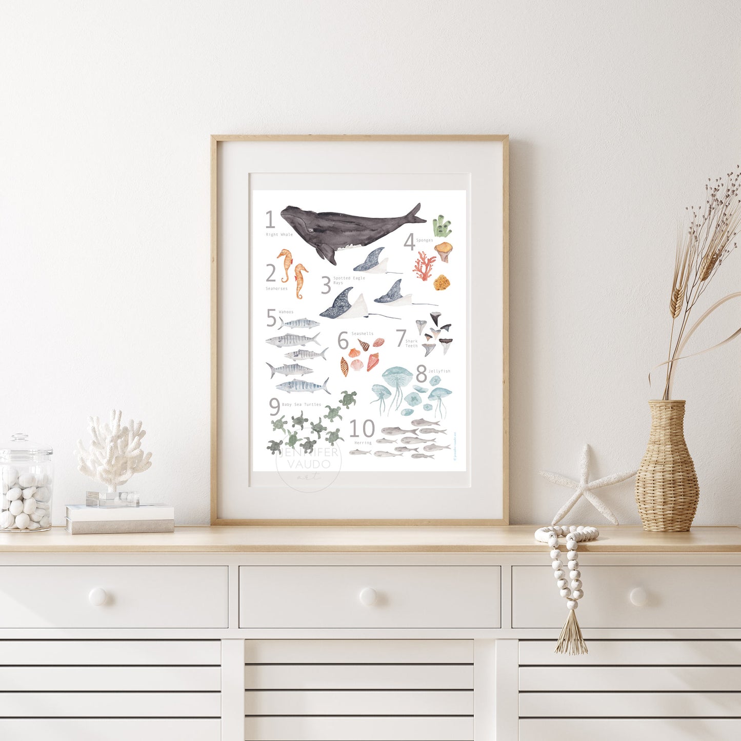 Counting Poster, Ocean Inspired Animals, Gender Neutral, Nautical Watercolor Print