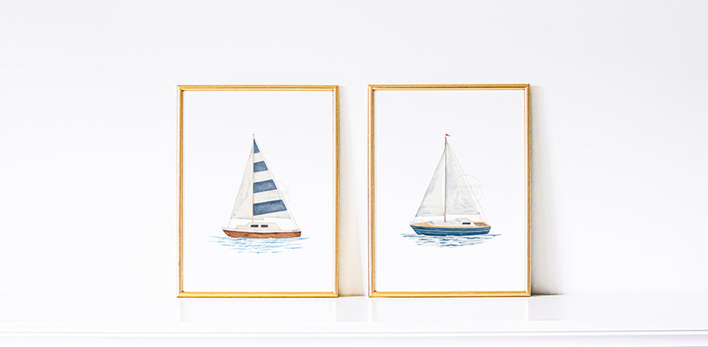 Set of Two Sailboat Prints | Coastal Wall Art | Hand-painted Watercolor Print | Boating Artwork