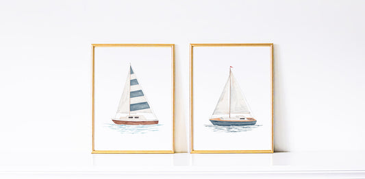 Set of Two Sailboat Prints | Coastal Wall Art | Hand-painted Watercolor Print | Boating Artwork