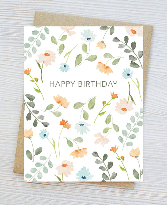 Floral birthday card, Sweet birthday wishes, Watercolor Florals, blank inside, Card for her, Greeting Card Hand-painted print Pastel florals