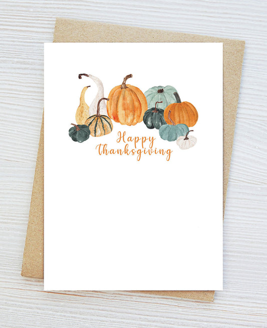 Thanksgiving Greeting Card, Pumpkins & Gourds, Hand-painted watercolor print