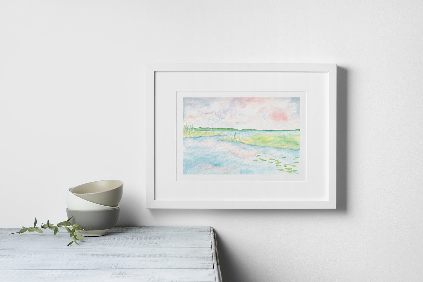Pastel Tropical Wall Decor, Watercolor Lake Wall Art, Pink Blue Green Wall Hanging, Tropical Water lily print Watercolor Lake Landscape Art