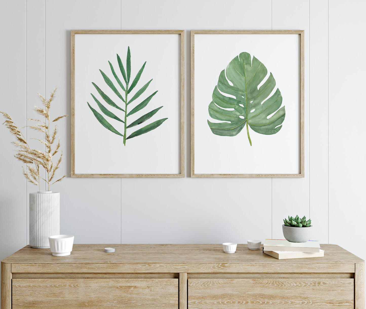 Set of Two Plant Prints, Tropical Wall Art, Monstera Art Print, Palm Leaf Art Print, Watercolor Plant Prints Beach House Art Small Space Art