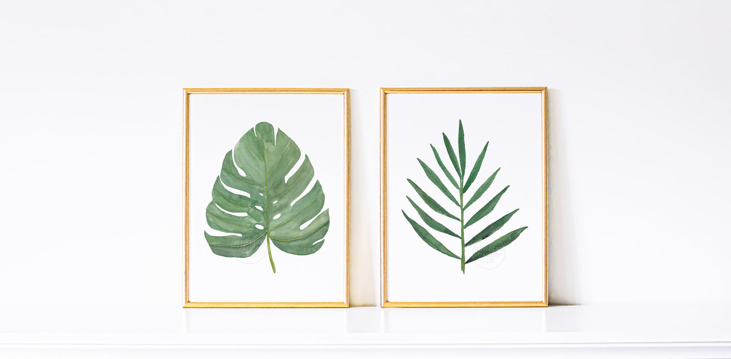 Set of Two Plant Prints, Tropical Wall Art, Monstera Art Print, Palm Leaf Art Print, Watercolor Plant Prints Beach House Art Small Space Art