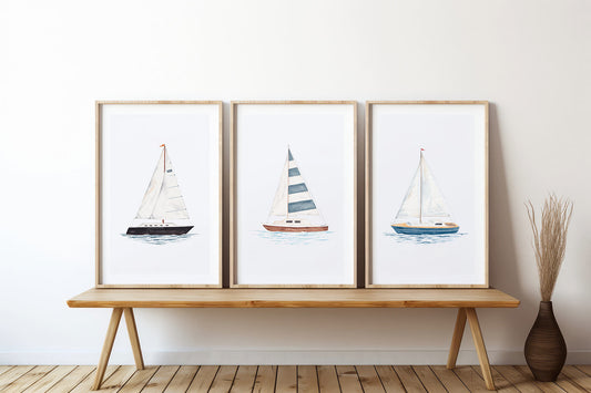 Watercolor Sailboat Print Set of 3 | Nautical Boating Wall Art | Lake House Artwork