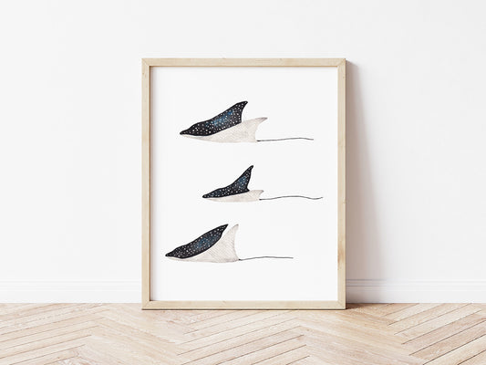 Spotted Eagle Ray Art, Hand-painted Watercolor Print, Coastal Wall Decor, Ocean Inspired