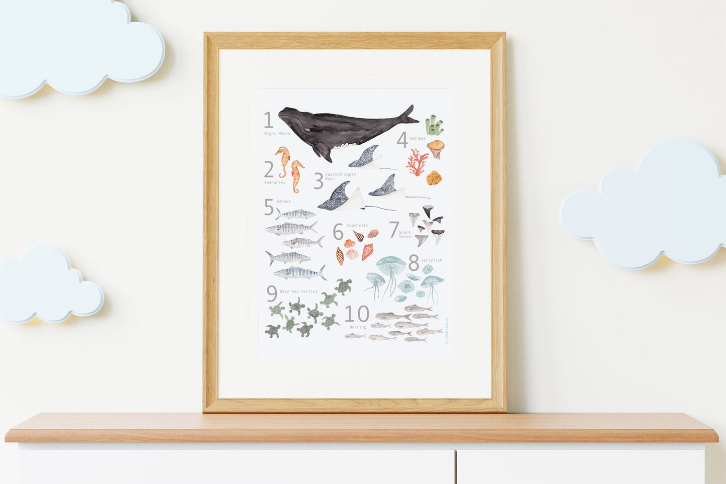 Counting Poster, Ocean Inspired Animals, Gender Neutral, Nautical Watercolor Print